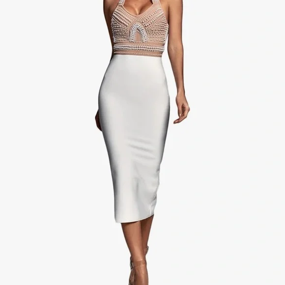 Elegant White Midi Dress with Beaded Pearl Top BELLA BARNETT - Picture 1 of 6